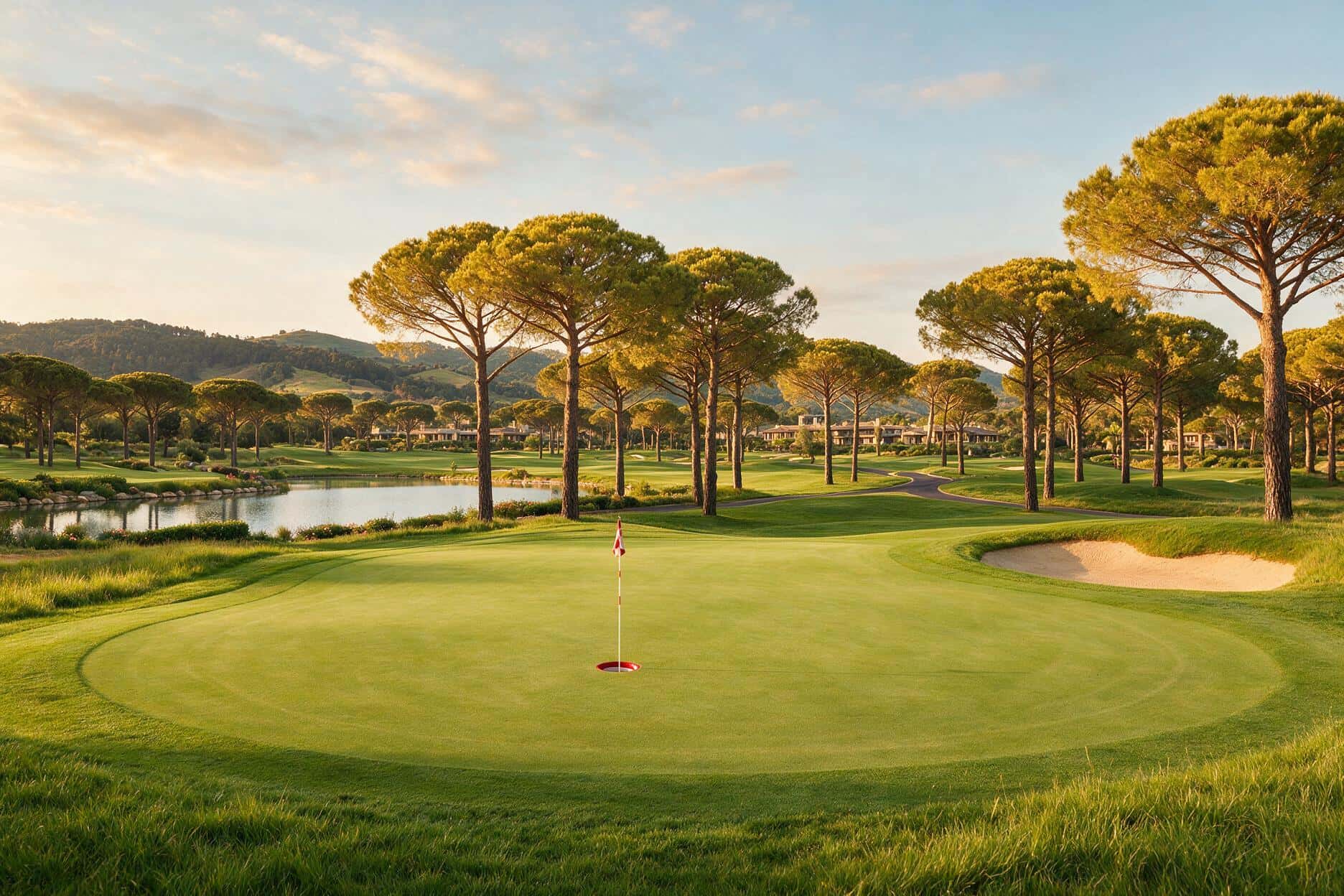 Golf green with Mediterranean pines and a lake in afternoon light