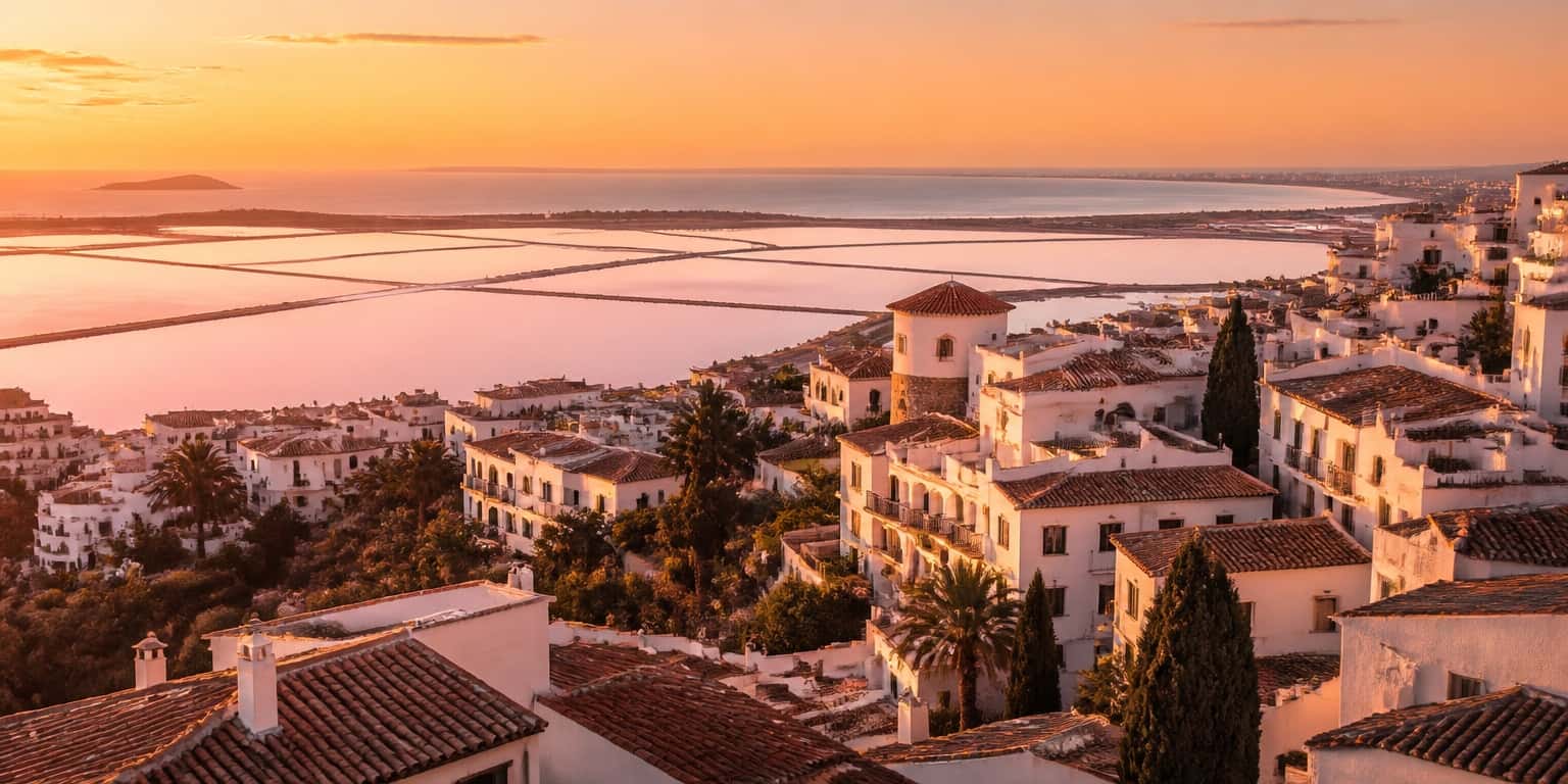 Hilltop town overlooking the pink salt lakes of Torrevieja at golden hour