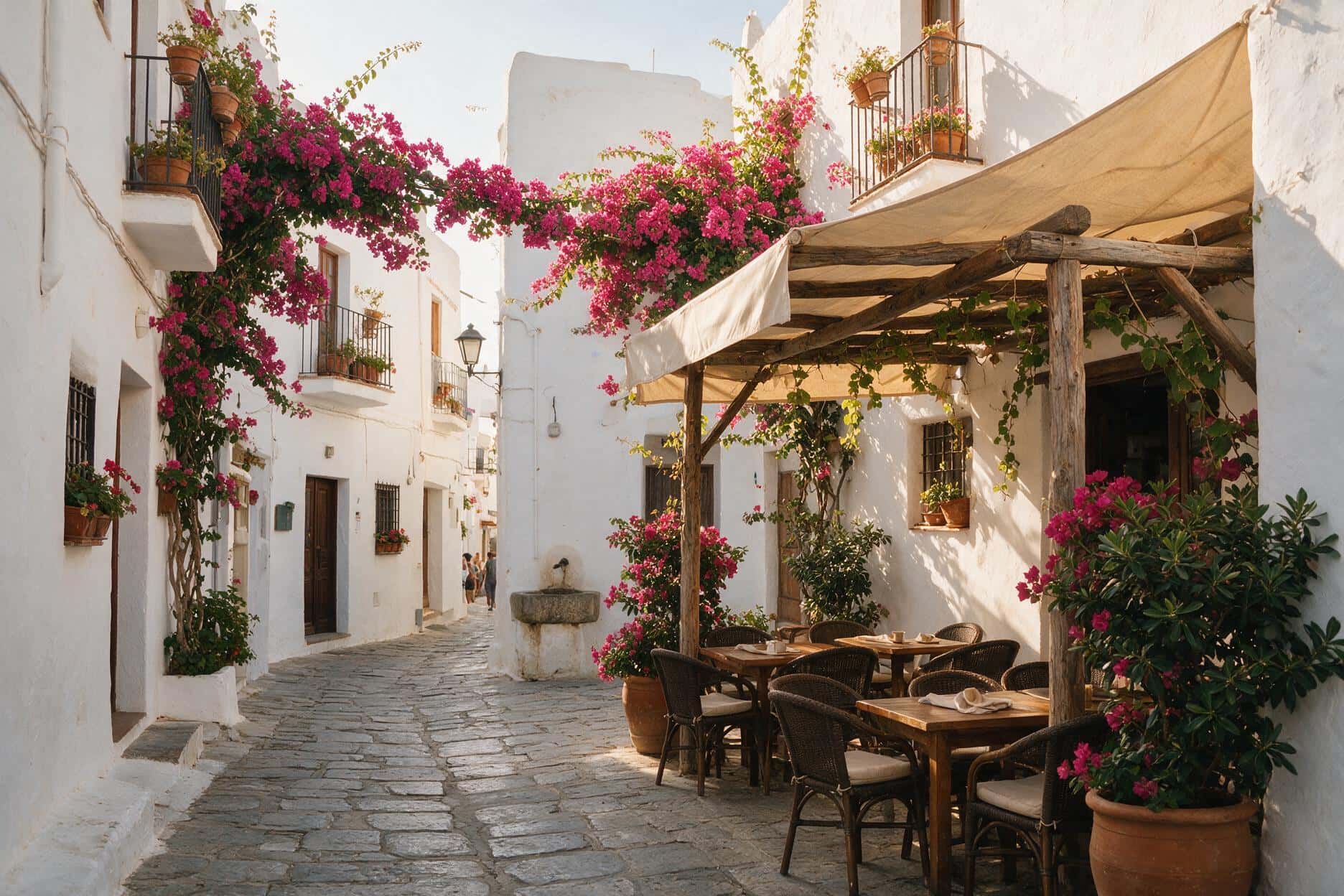 Sunlit Spanish town street with whitewashed houses and bougainvillea